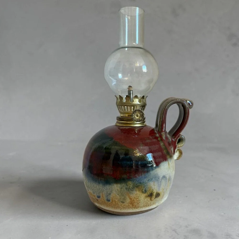 Ayers 2000 Signed Studio Pottery Oil Lamp Red Blue Drip Glaze Ceramic 9 Inch